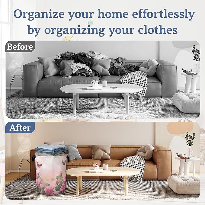 Butterfly Laundry Basket,Oxford Cloth Pink Rose Laundry Hamper With Handle Foldable Portable Clothes Storage Basket for Laundry Room/Bedroom/Bathroom 20.8"x16"