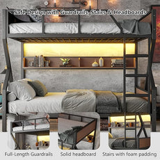 Queen over Queen Bunk Bed with Storage Shelves, Metal Bunk Beds with Ladders and LED Lights, Heavy-duty Bunkbed for Bedrooms, Guest Rooms and Dorms, No Box Spring Needed and Noise-free Design, Black