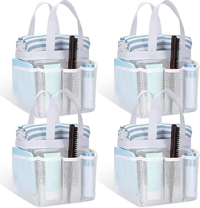 Hillban 4 Pcs Mesh Shower Caddy Portable Large Quick Dry Shower Caddy Basket with Deeper 8 Pockets and 2 Handles Hanging Bag for College Dorm Room(White)