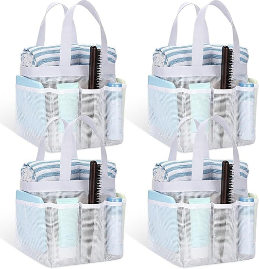 Hillban 4 Pcs Mesh Shower Caddy Portable Large Quick Dry Shower Caddy Basket with Deeper 8 Pockets and 2 Handles Hanging Bag for College Dorm Room(White)