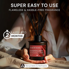 Soul & Scents Reed Diffuser Set – Mahogany | 7.43 oz Refillable Scented Oil with 6 Fiber Sticks | Long-Lasting Home Fragrance & Air Freshener for Bedroom, Bathroom, Office | Gift & Décor Piece