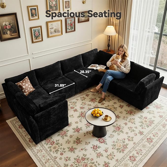 Large 7 Seat Modular Sectional Sofa with Ottoman Seat Corduroy Sleeper Sectional Sofa Bed Oversized Convertible Modular Couch for Living Room