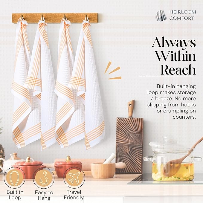 Mustard Yellow and White Waffle Kitchen Towels 3 Pack, 100% Cotton, 16x26 Inch, Super Absorbent, Quick Dry Dish Towels, Reusable & Soft Dishcloths for Kitchen Cleaning