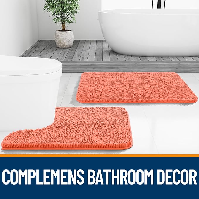 OLANLY Bathroom Rugs 59x24, Extra Soft Absorbent Chenille Bath Rugs, Rubber Backing Quick Dry, Machine Washable Bath Mats for Bathroom Floor, Tub and Shower, Home Decor Accessories, Coral