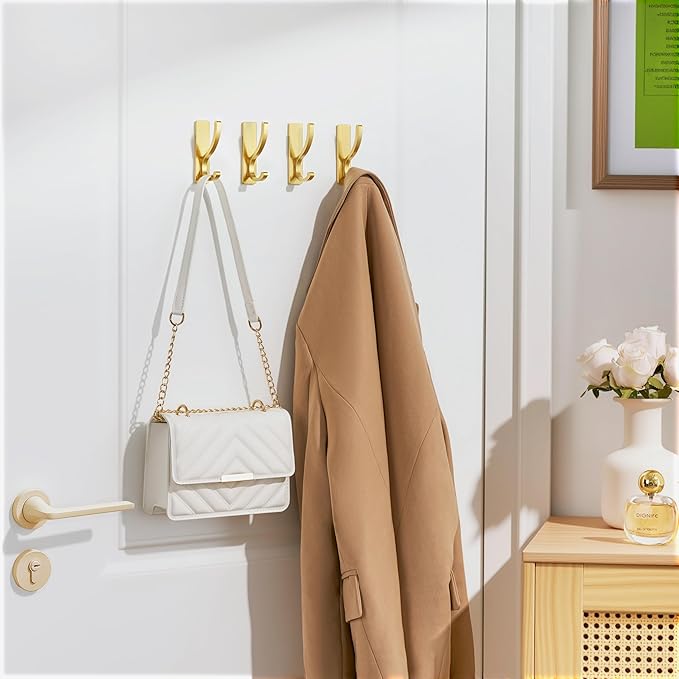 pickpiff Adhesive Wall Hooks for Towels - Sticky Hook Hanging Heavy Duty (13lb), Hanger for Door, Bathroom, Dorm, Closet - for Coats, Purse, Bag, Robe - No Damage to Wall - Brushed Gold 4 Pack