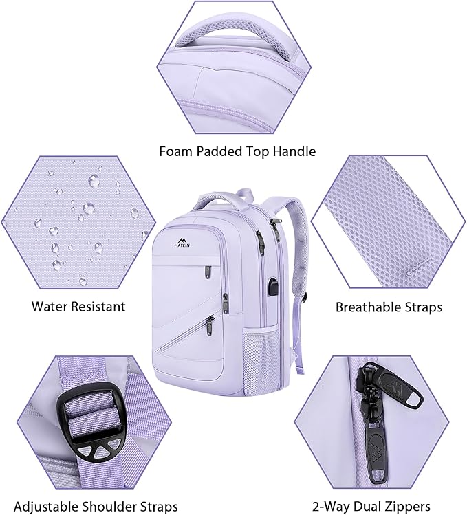 MATEIN Large 17 Inch Laptop Backpack for Women, Lightweight Travel Backpack Fits College School Essentials, Anti Theft Work Commute Nursing Computer Bag TSA Approved for Weekender Trip, Light Purple