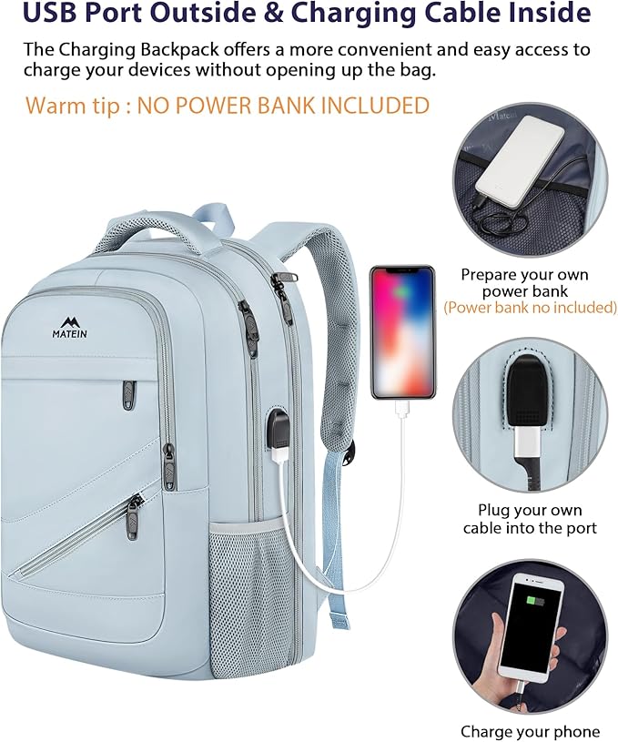 MATEIN Laptop Backpack 17 Inch, Womens Large Work Commute Backpack with USB Charging Port, Water Resistant Anti Theft Computer Bag for Students, Travel Daypack with Luggage Strap, Haze Blue