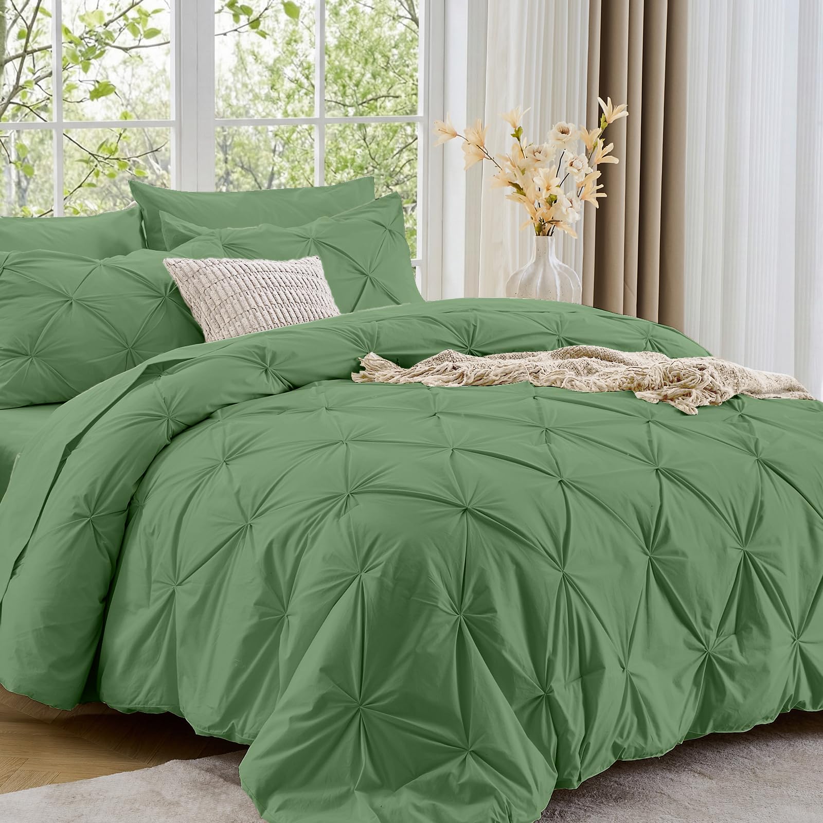 Sasttie Twin XL Comforter Set, 5-Piece Bed in a Bag, Pintuck Bedding Sets for All Season, Includes Comforter, Flat Sheet, Fitted Sheet, Pillowcase and Pillowsham, Beige