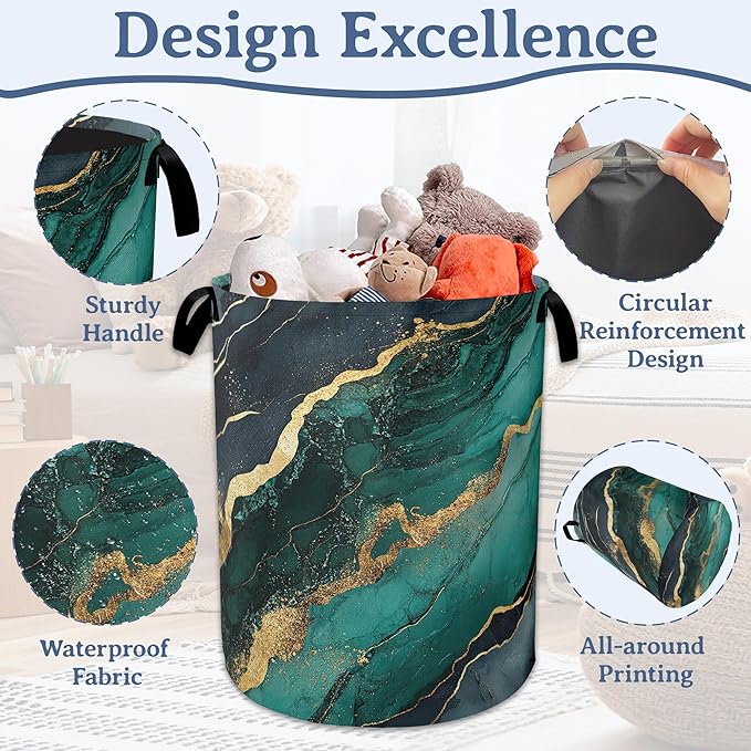 Marble Laundry Basket,Foldable Oxford Cloth Green Gold Flowing Marble Laundry Hamper With Handle, 20.8"x16" Portable Clothes Storage Basket Bag for Laundry Room/Bathroom/Bedroom/Dormitories