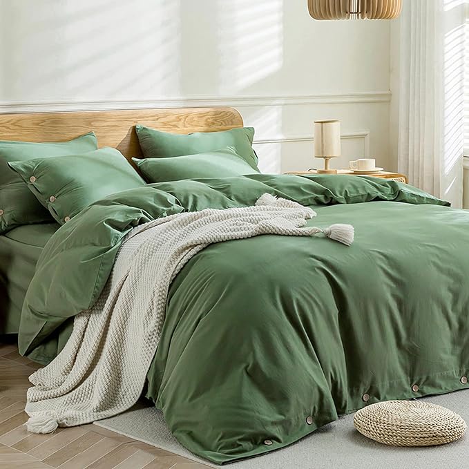 JELLYMONI Cotton Duvet Cover Super King Size - Green Comforter Cover with Button 100% Washed Cotton 3PCS Breathable Soft Solid Bedding Set Duvet Cover 116×98in & 2 Pillowcases (NO Comforter)