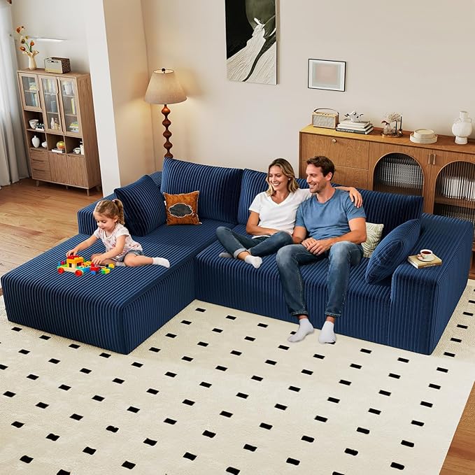 96" Modular Sectional Couch, Boneless L Shaped Cloud Sofa with Chaise Lounge, Corduroy Upholstered Couches Memory Foam Deep Seat, No Assembly Required, Ideal for Living Room(Blue, Left Facing)