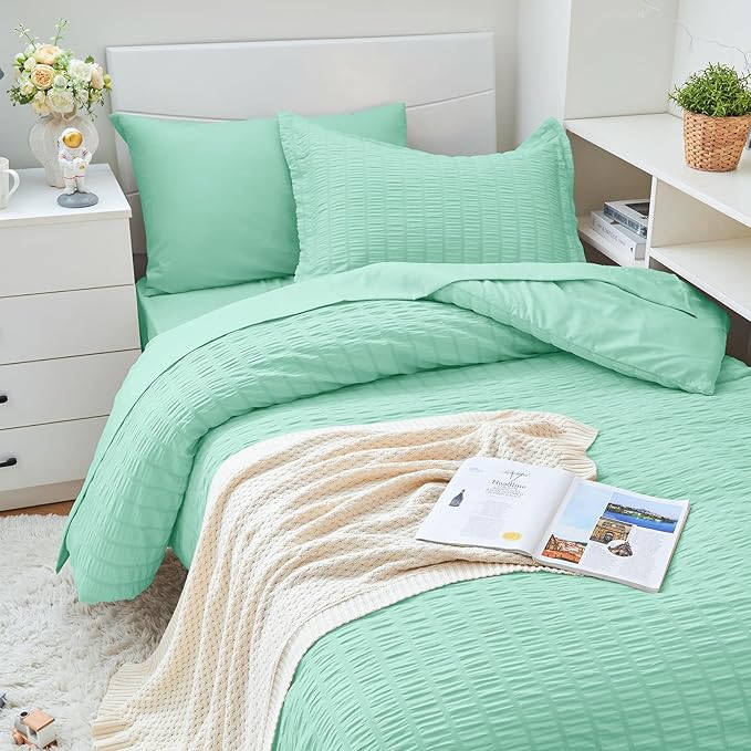 HYMOKEGE Mint Green Twin XL Comforter Set Seersucker 5 Pieces, All Season Luxury Bed in a Bag for Bedroom, Bedding Set with Comforter, Sheets, Pillowcase & Sham