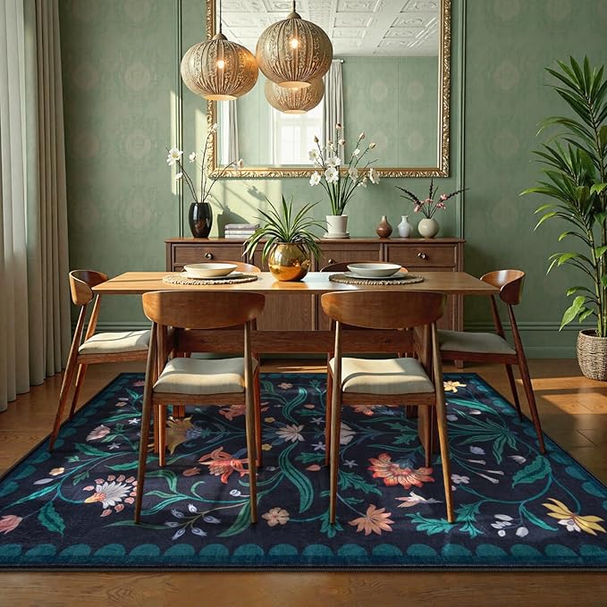 Lahome Boho Floral Washable Blue 5x7 Area Rugs for Living Room, Non Slip Rugs for Bedroom Entryway, Indoor Ultra-Thin Throw Dining Room Carpet for Under Table Kitchen Dorm(Dark Blue,5x7)