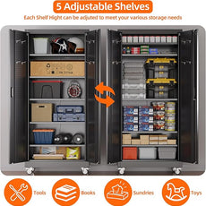 SUXXAN Garage Storage Cabinet with Wheels Pegboard and 5 Adjustable Shelves, 71'' x 32'' x 16''Metal Lockable Cabinet with Magnetic Doors,Tool Storage,Home Office Garage,Gym,School (Black)