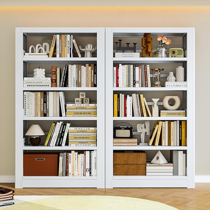 Bookshelf,5-Tier Bookcase with Adjustable Shelves,69” Tall Wide-Column Bookcase for Home Office, Living Room, Bedroom,White Metal Large Load-Bearing Bookshelf,H69*W36*D11.8 Inch (White)