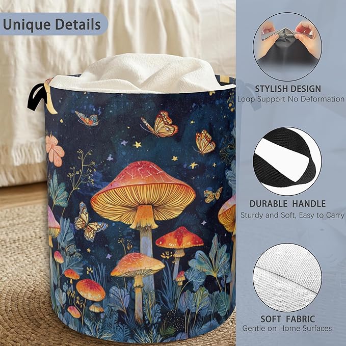 Mushroom Laundry Basket,Butterfly Moon Foldable Oxford Cloth Tote Bag Laundry Hamper Clothes Storage Bucket Organizer for Bedroom Laundry Storage Dormitories 16" x 20.8"