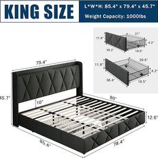 King Size Bed Frame with 4 Storage Drawers, Upholstered Platform Bed with Charging Station, Modern Wingback Storage Headboard, Easy Assembly,Noise-Free, Dark Gray