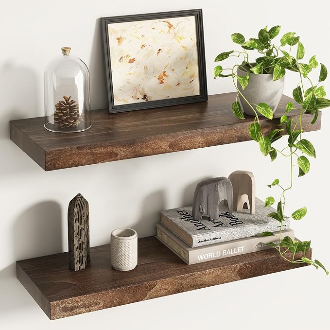Elm Floating Shelves for Wall Decor, Rustic Solid Wood Shevles Wall Mounted with Invisible Bracket for Living Room Bathroom Bedroom Kitchen, 24 Inch Set of 2, Walnut