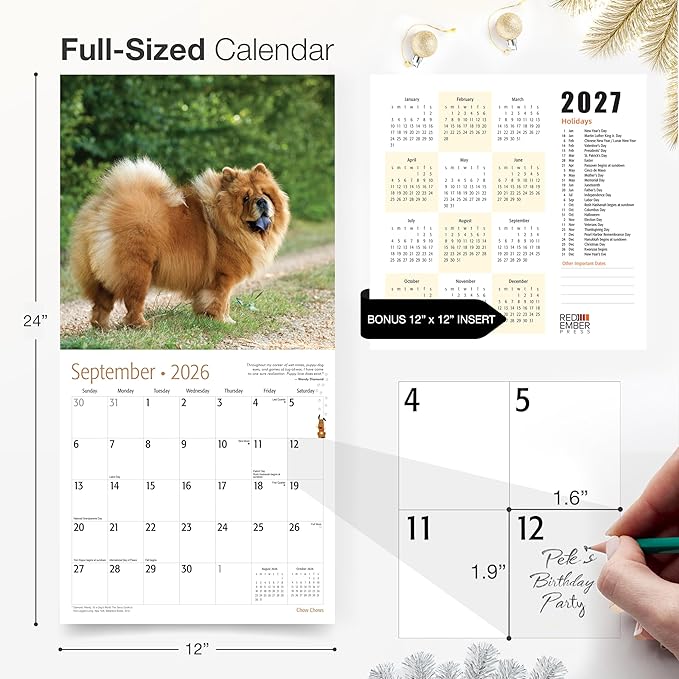 RED EMBER Chow Chows 2026 Wall Calendar 12 Month | 12" x 24" Open | Thick & Sturdy Paper | Holiday Gift | Cute Puppy Dog Calendar 2026