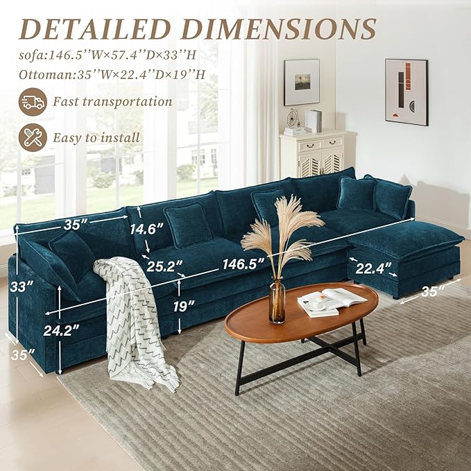 SoarFlash Chenille Sectional Sofa, Comfy L Shaped Modular Coush Sofa with Ottoman, Modern 4 Seat Couch Deep Seat Sofa Set for Living Room,Deep Blue