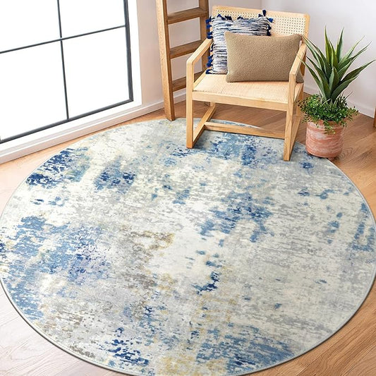 Lahome Washable Round Rug 5Ft, Blue Modern Abstract 5x5 Circle Rugs for Living Room Bedroom, Soft Contemporary Large Indoor Carpet for Kitchen Apartment Basement Home Office