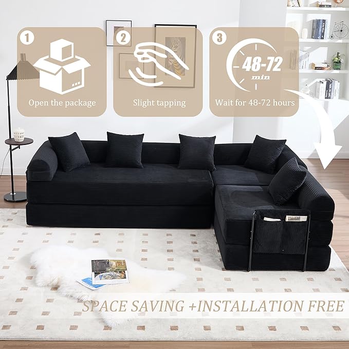 106" Oversized Convertible Sleeper Sofa Bed, Corduroy L Shape Sectional Couch, Folding Sofa Bed with Side Pocket, Modern Cloud Floor Mattress Couch, Modular Sofa for Living Room, Black