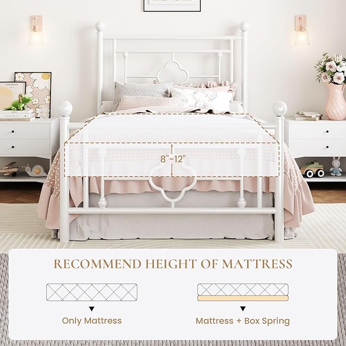 SHA CERLIN 14 Inches Twin Size Metal Platform Bed Frame/Vintage Iron-Art Headboard and Footboard/Mattress Foundation for Storage/No Box Spring Needed/Noise-Free/Easy Assembly/White