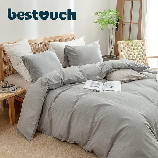 BESTOUCH Duvet Cover Set 100% Washed Cotton Linen Feel Super Soft Comfortable Chic Lightweight 3 PCs Home Bedding Set Solid Light Grey King