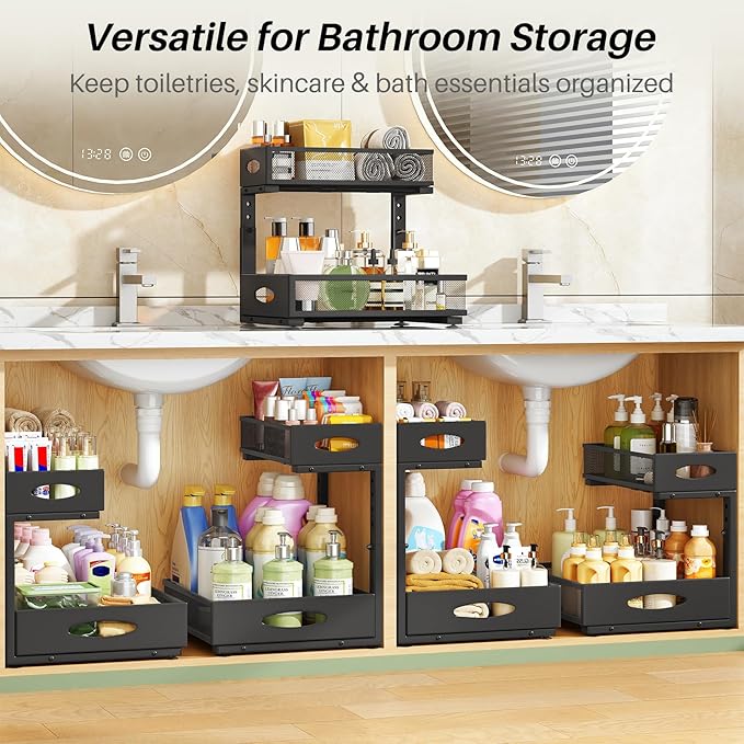 Under Sink Organizer, 1-Pack Pull Out Cabinet Organizer 2 Tier Metal Slide Out Storage Shelf Rack, L-Shaped Adjustable Height,Mesh Sliding Drawer for Kitchen, Bathroom, Laundry, Pantry, Black, XL