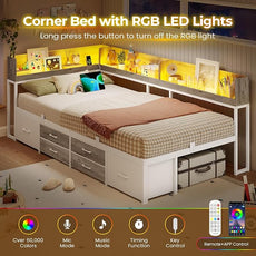 VIAGDO Corner Bed Frame with Storage Bookcase and 6 Drawers, Twin XL Metal Platform Corner Bed Frame with LED Lights and Charging Station, Twin XL Daybed for Kids Teenagers, White & Grey