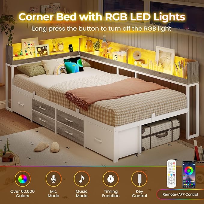 VIAGDO Corner Bed Frame with Storage Bookcase and 6 Drawers, Twin XL Metal Platform Corner Bed Frame with LED Lights and Charging Station, Twin XL Daybed for Kids Teenagers, White & Grey