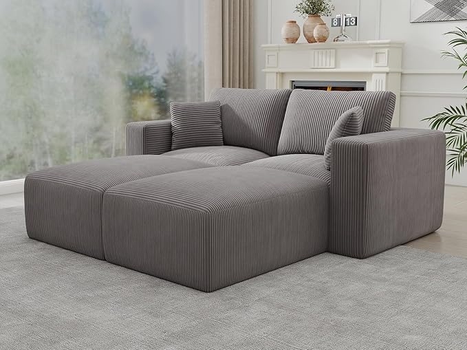Modular Sleeper Sofa Bed Modern Sectional Couches for Living Room - 79" Boneless Cloud Couch - No Assembly Required Grey Corduroy Convertible Sponge Compression Sofas with Chaise for Home House