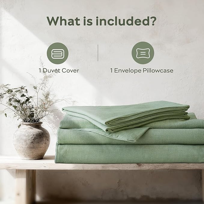 JELLYMONI Washed Cotton Duvet Cover Set Twin Size, Sage Green - Super Soft & Breathable Bedding Comforter Cover with Zipper, for Modern Home, Guest Room, and Everyday Use,1 Duvet Cover & 1 Pillowcase