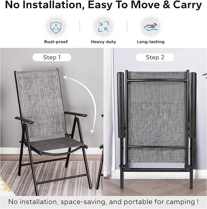 MFSTUDIO Patio Folding Chairs Set of 4, Outdoor Patio Dining Chairs, Portable Grey Sling Patio Chairs, 7 Levels Adjustable Sling Back Chairs for Backyard Lawn Garden