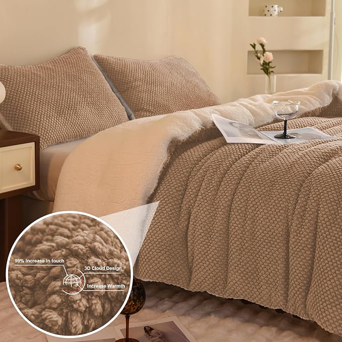 3D Jacquard Design Comforter Set, Ultra-Soft Warm Twin Size Sherpa Fur Plush 2-Pieces Sets Luxury Cozy Bedding with 1 Pillowcase (68"x90", Beige)