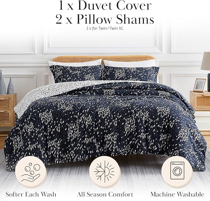 Southshore Fine Living, Inc. King Size Duvet Cover Set, Reversible, Premium Quality Microfiber King Bedding Set, Easy Care - 1 King/California King Duvet Cover, 2 Shams - Botanical Leaves Blue