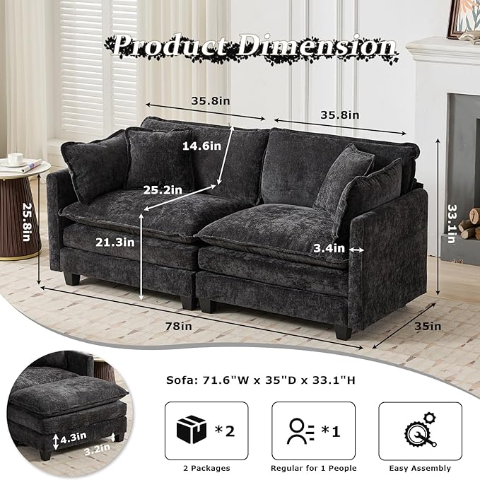 SoarFlash 77.95" Chenille Sectional Sofa, Comfy Modular Loveseat Sofa, Modern 2-Seat Couch Deep Seat Sofa Set for Living Room,Black