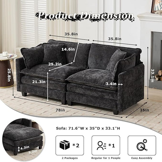 SoarFlash 77.95" Chenille Sectional Sofa, Comfy Modular Loveseat Sofa, Modern 2-Seat Couch Deep Seat Sofa Set for Living Room,Black
