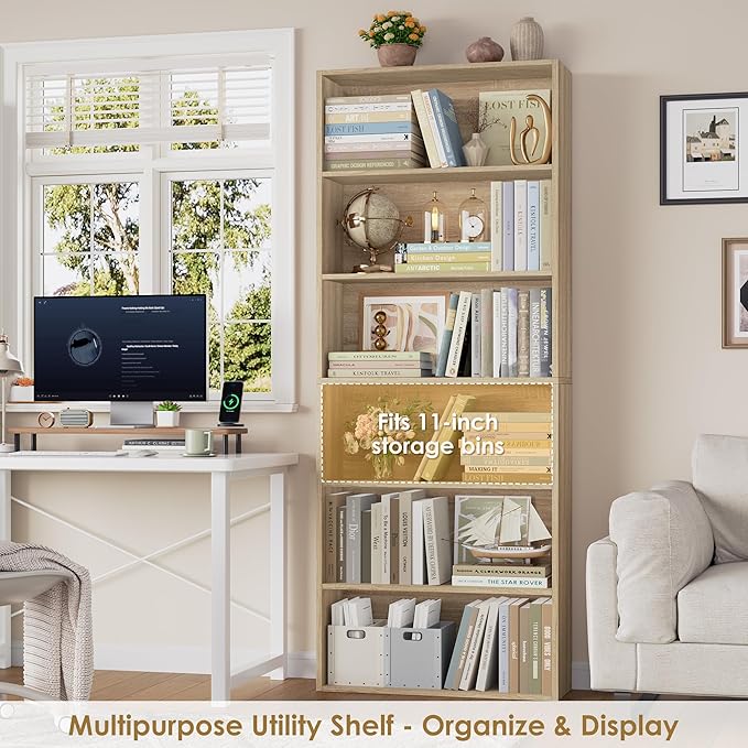 FOTOSOK 6-Tier Open Bookcase and Bookshelf, Freestanding Display Storage Shelves Tall Bookshelf Bookcase for Bedroom, Living Room and Office, Light Oak