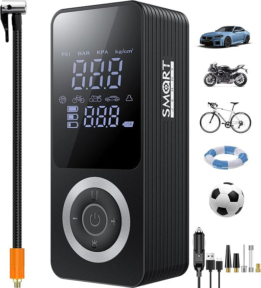 SMART JERRY - Tire Inflator Portable Air Compressor | Cordless Mini Bike Tire Pump with Gauge | Dual-Power Electric 12V Air Compressor for Auto, Motorcycles, Bikes, Balls | Fast Inflation Max 150 PSI