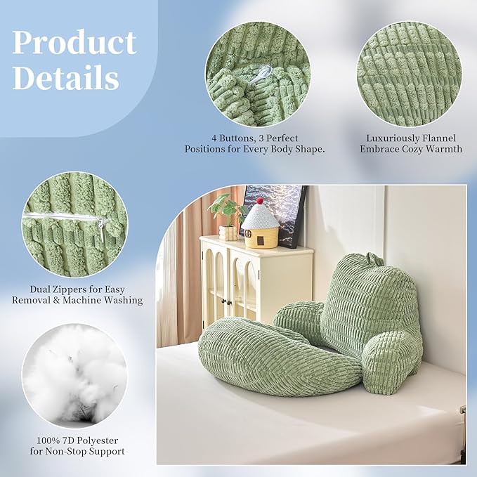 Back Pillow for Bed Sitting Up,U Shaped & Back Support Pillow for Bed,17" Backrest with Lumbar & Arm Support,Comfy Corduroy Fabric,Lap Pillow for Gaming/Reading/Watching TV,Green
