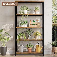 5-Tier Adjustable Heavy Duty Bookshelf, Industrial Wooden Open Storage Rack with Black Metal Frame, Vintage Bookcase with Lock Wall Design, Rustic Brown