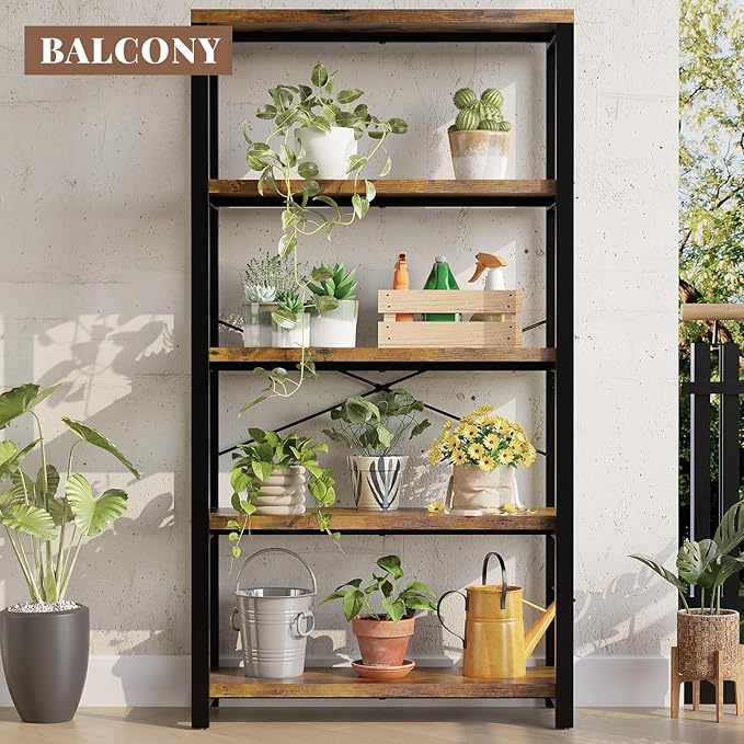 5-Tier Adjustable Heavy Duty Bookshelf, Industrial Wooden Open Storage Rack with Black Metal Frame, Vintage Bookcase with Lock Wall Design, Rustic Brown