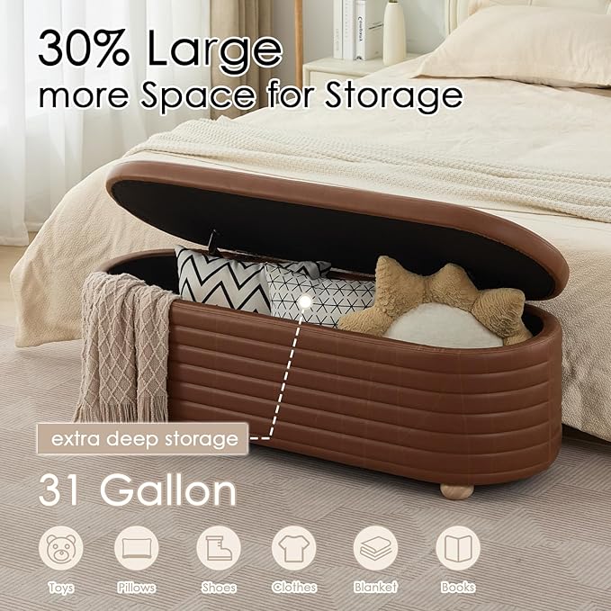 53" Storage Bench PU Leather Ottoman Bench Upholstered Bench End of Bed Stool with Safety Hinge for Bedroom, Living Room, Entryway, Brown