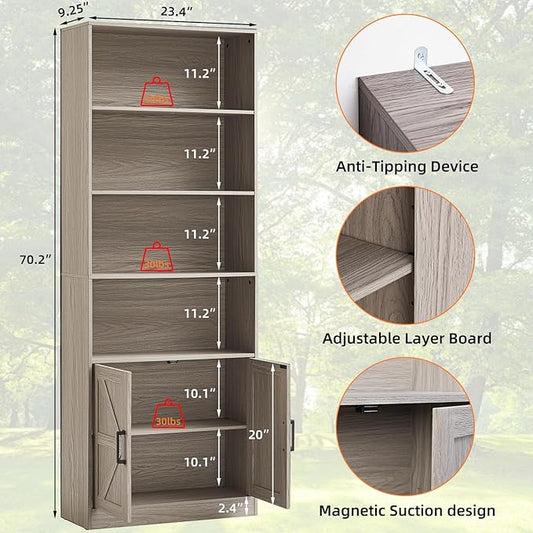 70in Tall Bookshelf 6 Tier Bookcase with Barn Doors and Adjustable Shelf, Oak Grey Farmhouse Book Shelves with Storage Cabinet, Wood Floor Standing Display Bookshelve for Bedroom, Living Room