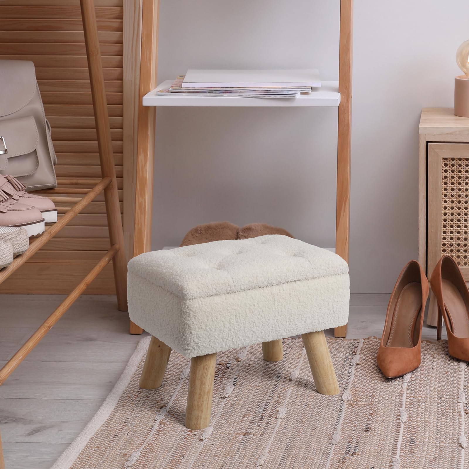 OGEMXU Storage Ottoman, Small Foot Stool Ottoman with Storage, Boucle Teddy Velvet Foot Rest with Padded Seat, Sturdy Wood Legs Stool for Living Room, Bedroom, Couch, Enterway (Cream) Dormly