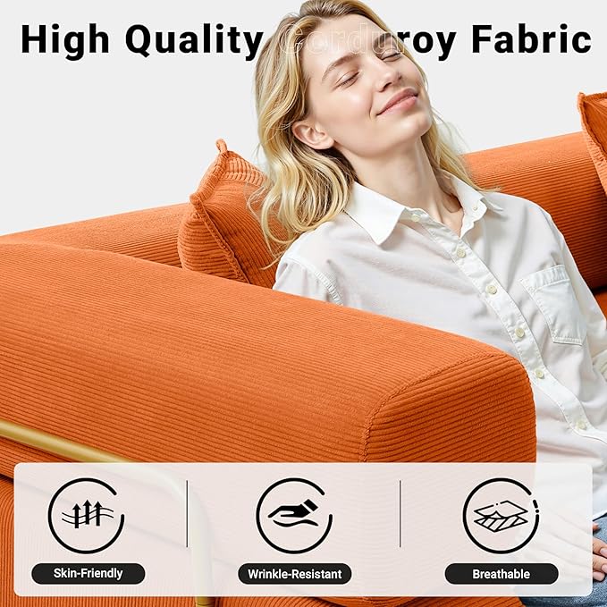 108" Oversized Convertible Sleeper Sofa Bed, Corduroy L Shape Sectional Couch, Folding Sofa Bed with Fixed-Shape Frame, Modern Cloud Floor Mattress Couch, Modular Sofa for Living Room, Orange