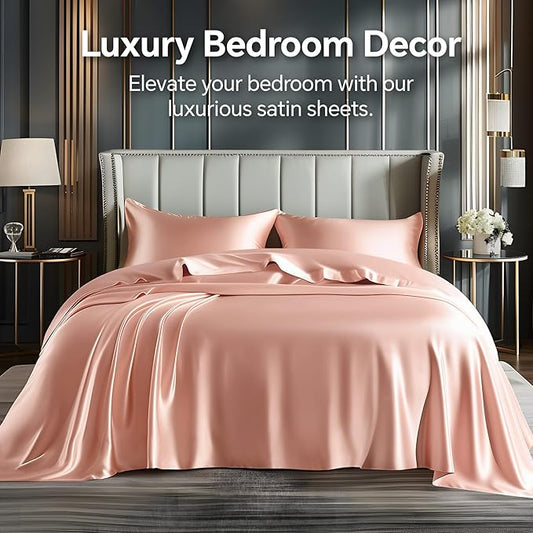 BEDELITE King Size Sheets Set, Luxury Soft Coral Pink Satin Sheets for Hair and Skin, Similar to Silk Bed Sheets Set 4 Pieces with 1 Deep Pocket Fitted Sheet, 1 Flat Sheet, and 2 Pillowcases