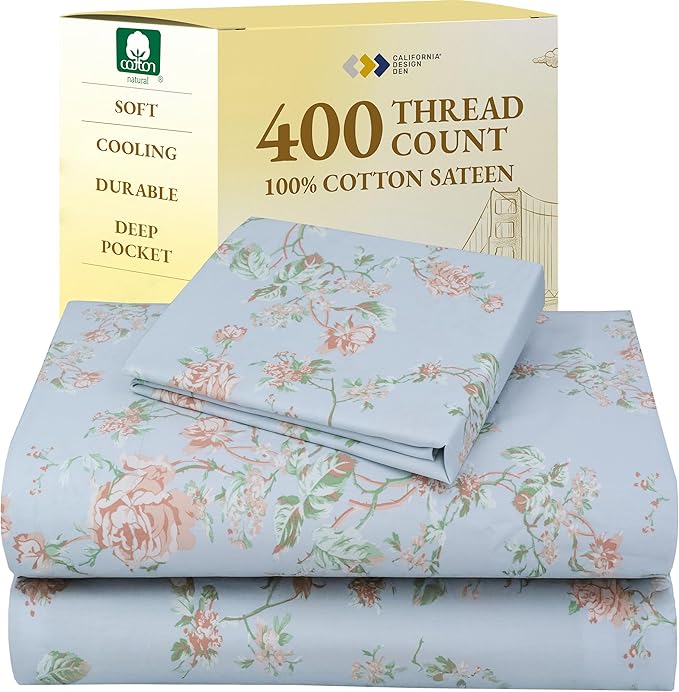 California Design Den Printed Twin XL Sheet Sets - 400 Thread Count Sateen, Natural 100% Cotton Sheets, Deep Pockets, and Durable Bedding Set - Antique Rose CaliforniaDesignDen