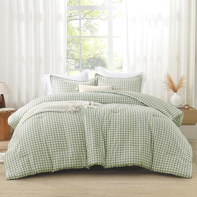 Andency Sage Gingham Comforter Set Queen(90x90Inch), Green Checkered Grid Plaid Buffalo Bed Set for Girls Boys Kids Teens, 3 Pieces Lightweight Microfiber Geometric Preppy Bedding